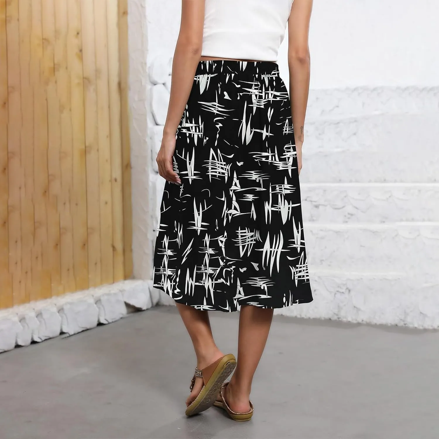 Womens Skirts Summer Midi Skirt Drawstring High Waisted Knee Length Skirt Pleated A-Line Swing Skirts with Pockets