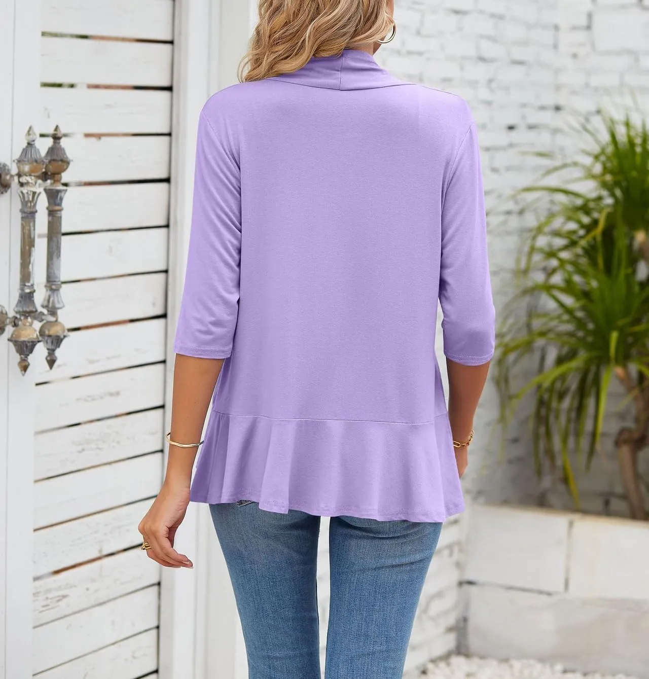 Womens Summer 3/4 Sleeve Open Front Cardigan Lightweight Draped Ruffle Casual Tops