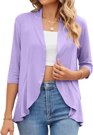 Womens Summer 3/4 Sleeve Open Front Cardigan Lightweight Draped Ruffle Casual Tops