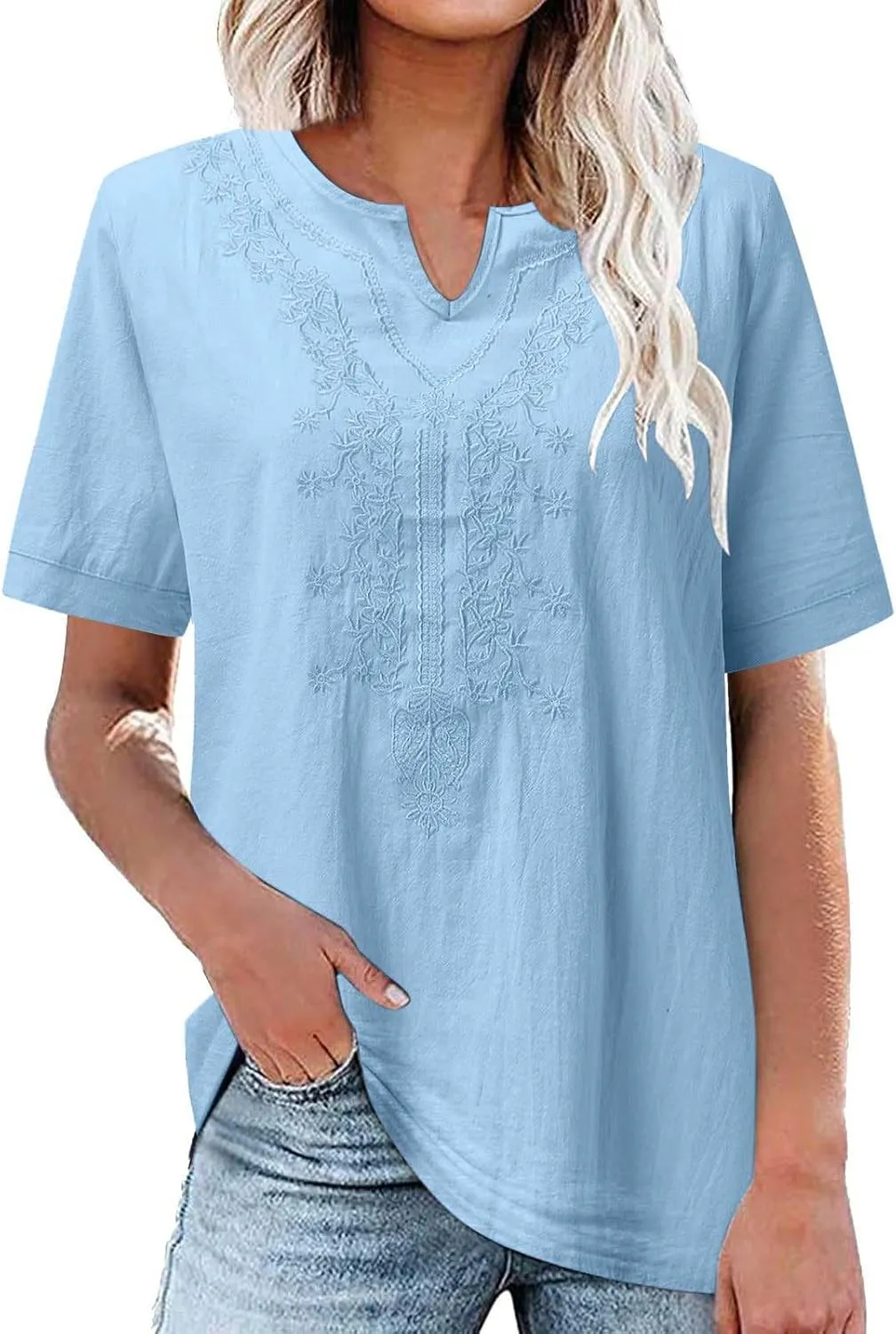 Women's Summer Cotton Linen Tunic Shirt Floral Embroidery Tees Shirts Casual Jacquard Boho Blouses Loose Tshirts