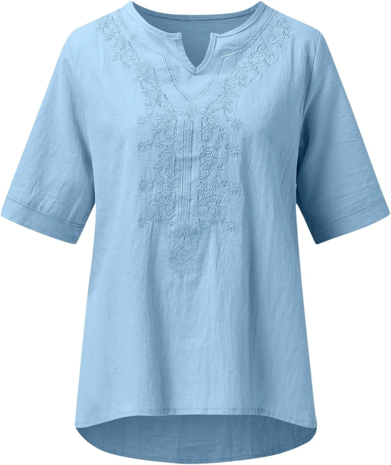 Women's Summer Cotton Linen Tunic Shirt Floral Embroidery Tees Shirts Casual Jacquard Boho Blouses Loose Tshirts
