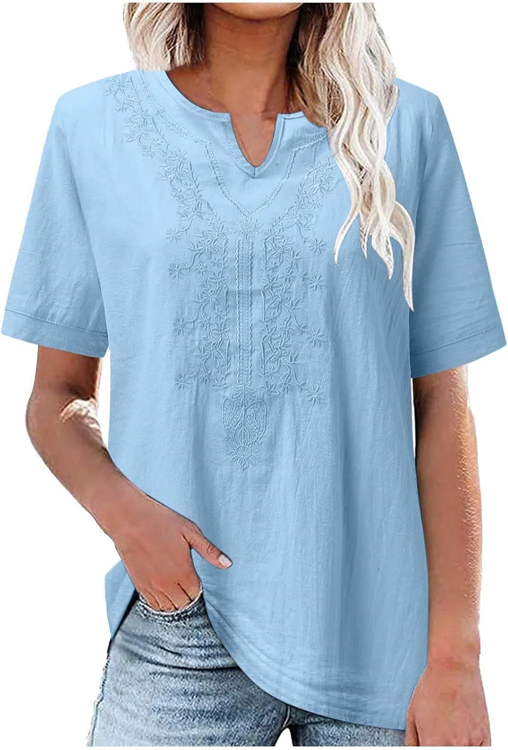 Women's Summer Cotton Linen Tunic Shirt Floral Embroidery Tees Shirts Casual Jacquard Boho Blouses Loose Tshirts
