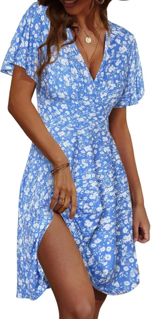 Women's Summer Floral Boho Dress Short Sleeve Wrap V Neck A-Line Mini Dress Wedding Guest Dresses Vacation Clothes