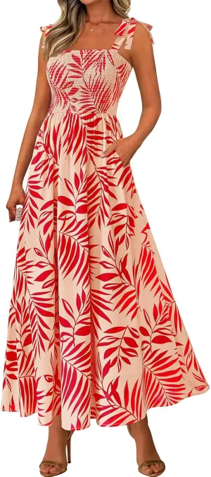 Women's Summer Floral Maxi Dress Spaghetti Strap Smocked Boho Beach Long Dress Sleeveless Ruffle Tiered Flowy Dresses