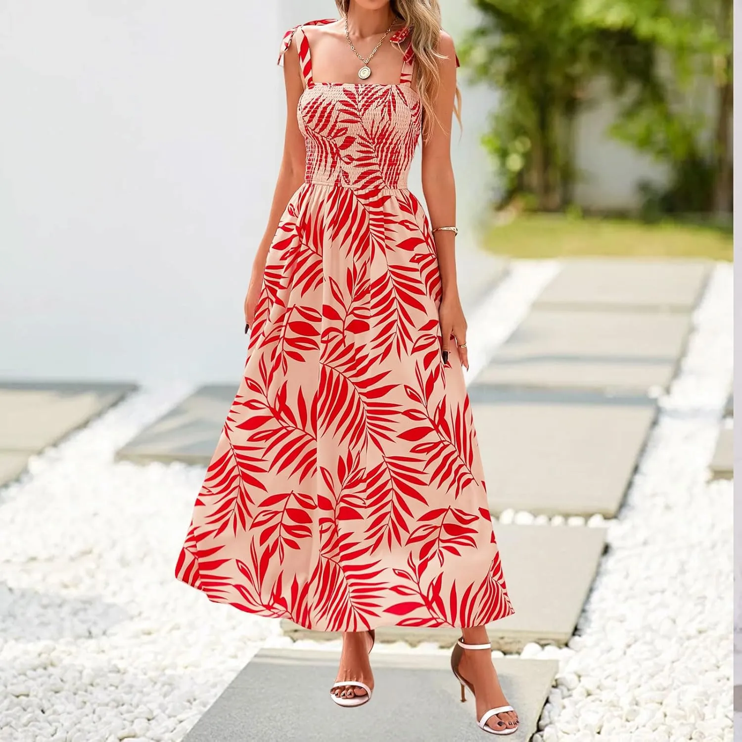 Women's Summer Floral Maxi Dress Spaghetti Strap Smocked Boho Beach Long Dress Sleeveless Ruffle Tiered Flowy Dresses