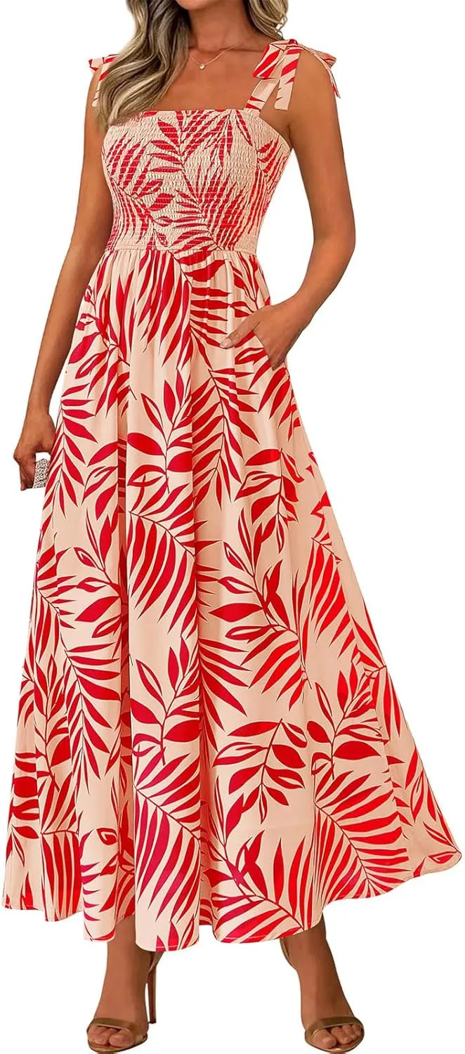 Women's Summer Floral Maxi Dress Spaghetti Strap Smocked Boho Beach Long Dress Sleeveless Ruffle Tiered Flowy Dresses