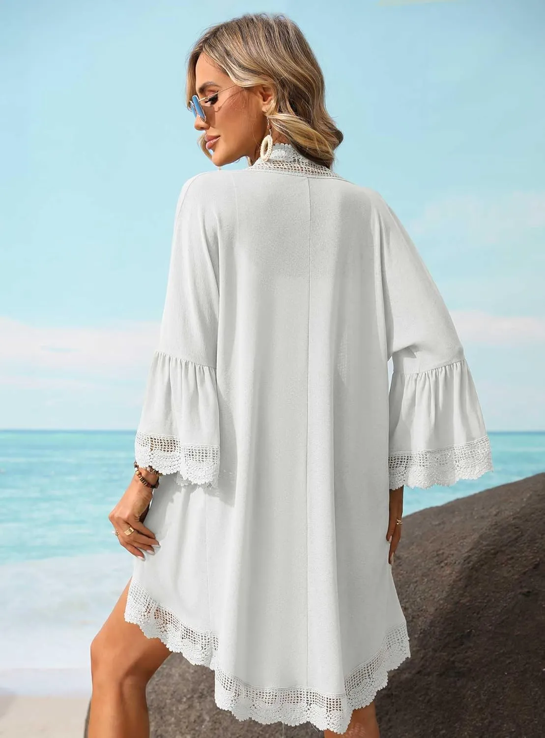 Women's Summer Lightweight Cardigan 3/4 Ruffle Sleeve Lace Details Kimono