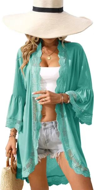 Women's Summer Lightweight Cardigan 3/4 Ruffle Sleeve Lace Details Kimono
