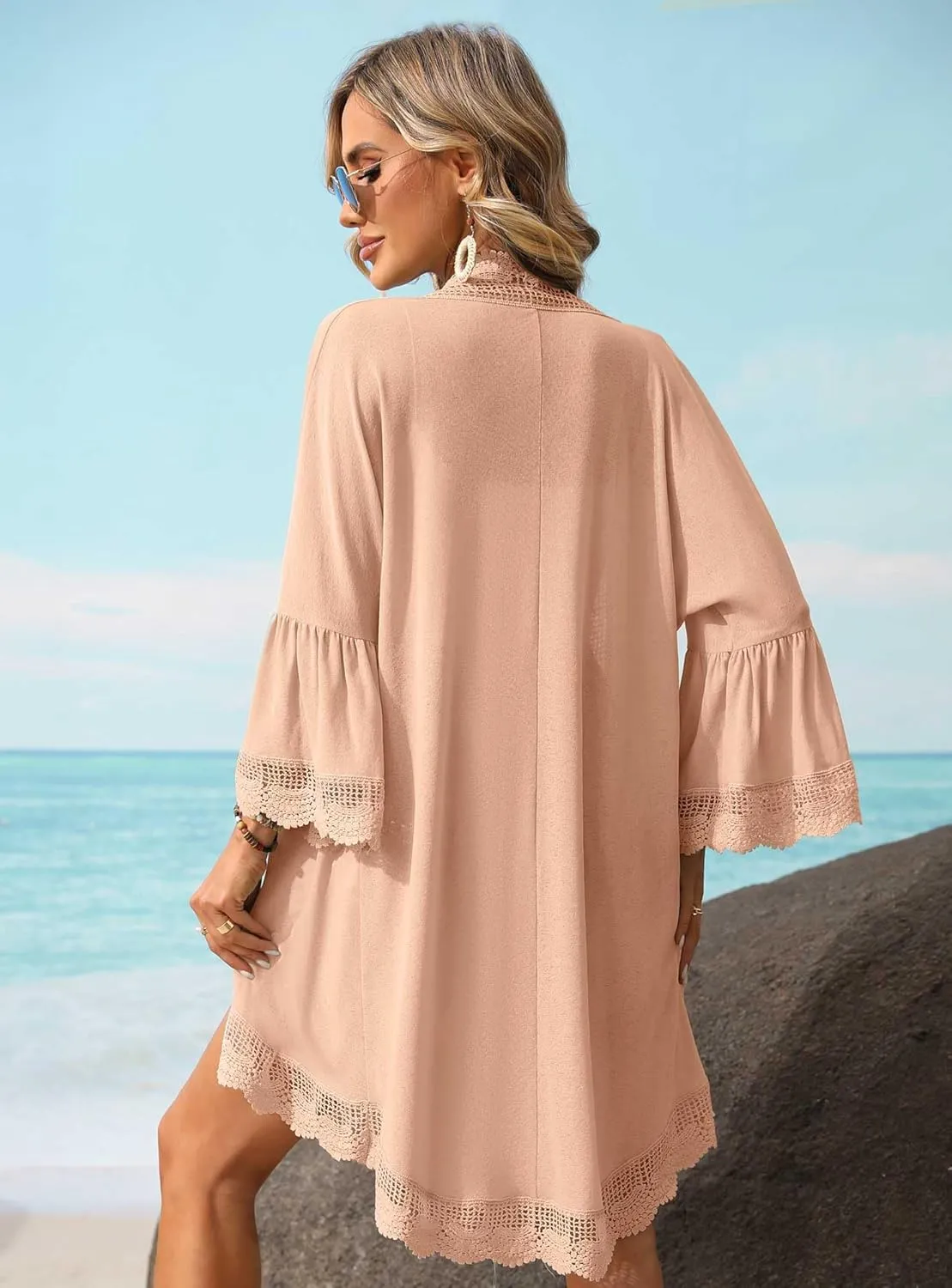 Women's Summer Lightweight Cardigan 3/4 Ruffle Sleeve Lace Details Kimono