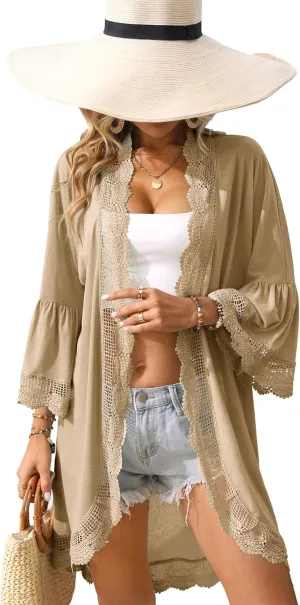 Women's Summer Lightweight Cardigan 3/4 Ruffle Sleeve Lace Details Kimono