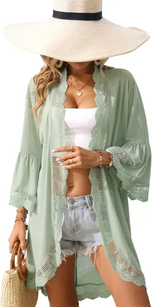 Women's Summer Lightweight Cardigan 3/4 Ruffle Sleeve Lace Details Kimono