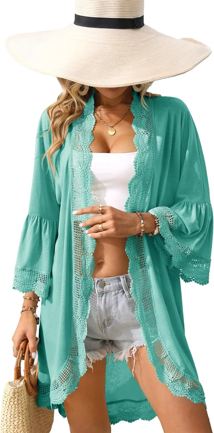 Women's Summer Lightweight Cardigan 3/4 Ruffle Sleeve Lace Details Kimono