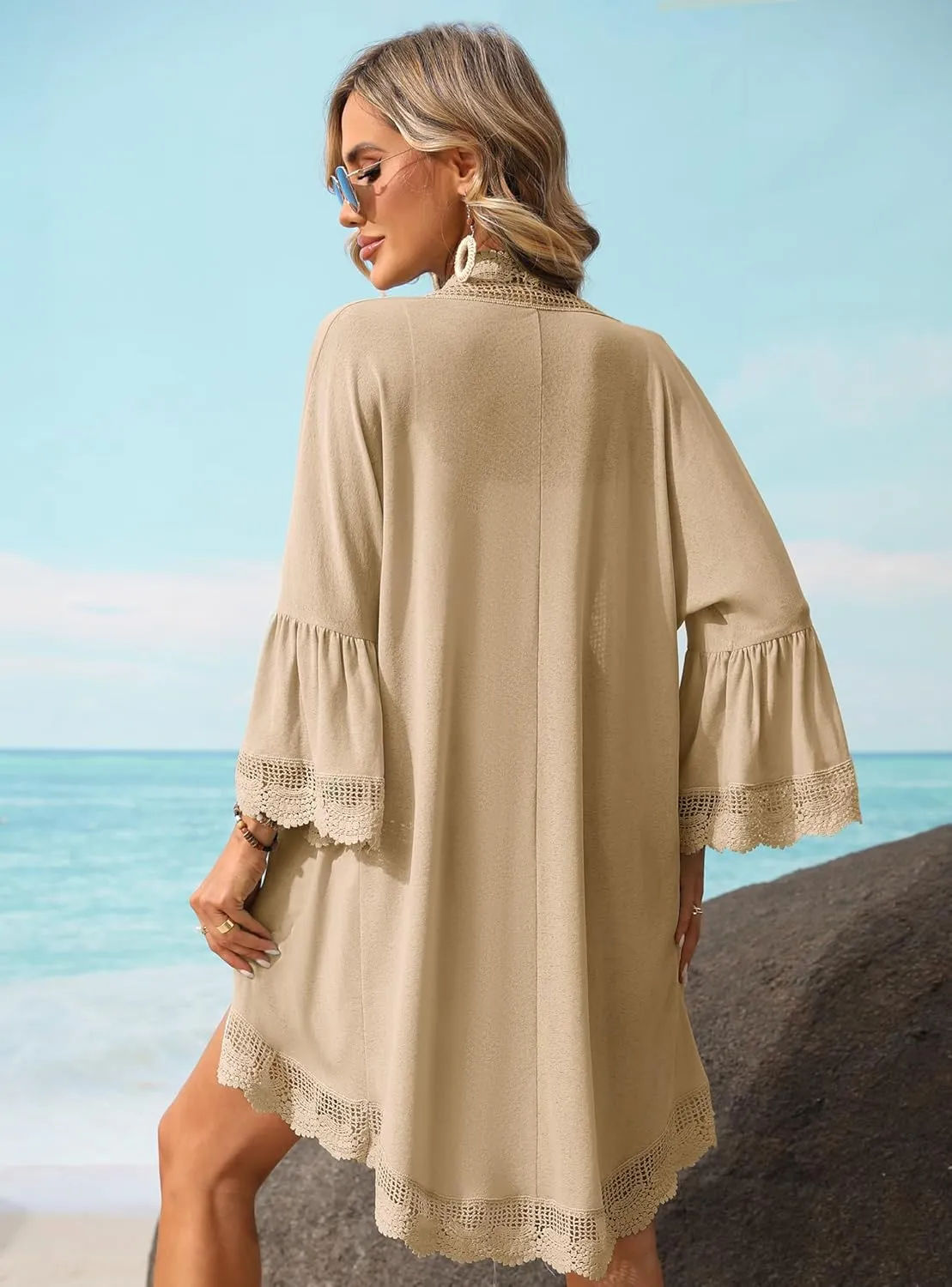 Women's Summer Lightweight Cardigan 3/4 Ruffle Sleeve Lace Details Kimono