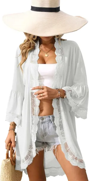 Women's Summer Lightweight Cardigan 3/4 Ruffle Sleeve Lace Details Kimono