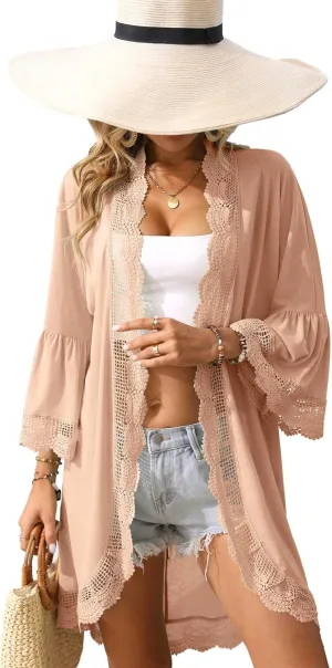 Women's Summer Lightweight Cardigan 3/4 Ruffle Sleeve Lace Details Kimono