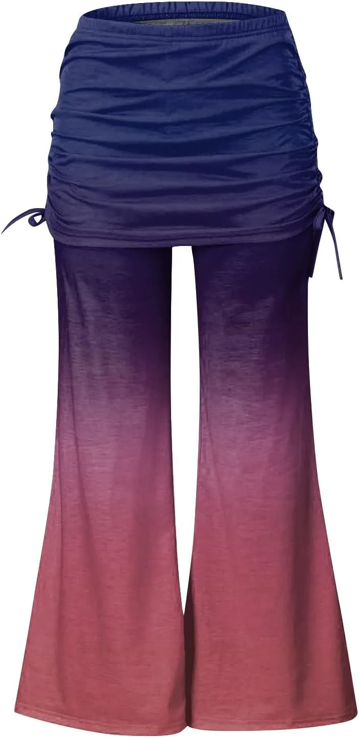 Women's Summer Vintage Printed Wide Leg Pants Casual Flared Drawstring Trousers Elastic High Waist Palazzo Pants