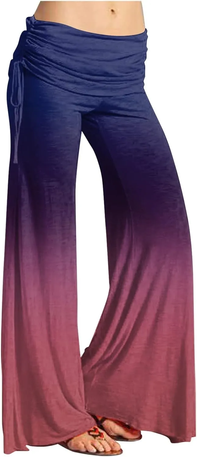 Women's Summer Vintage Printed Wide Leg Pants Casual Flared Drawstring Trousers Elastic High Waist Palazzo Pants