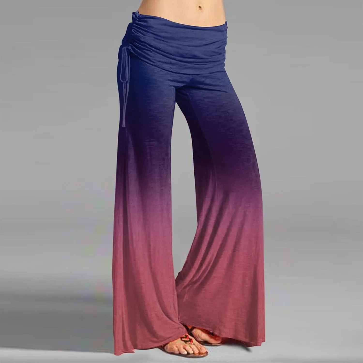 Women's Summer Vintage Printed Wide Leg Pants Casual Flared Drawstring Trousers Elastic High Waist Palazzo Pants