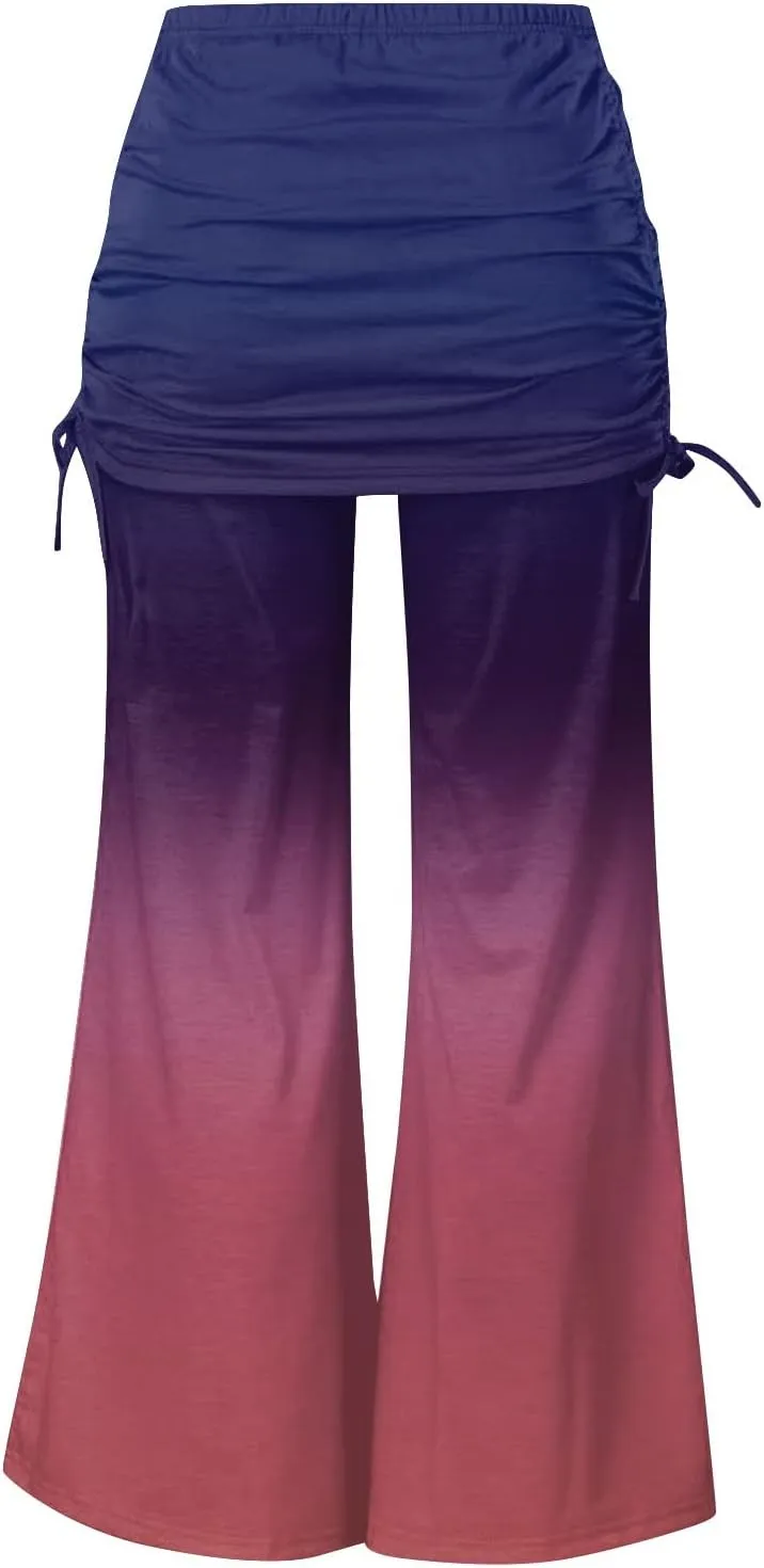 Women's Summer Vintage Printed Wide Leg Pants Casual Flared Drawstring Trousers Elastic High Waist Palazzo Pants