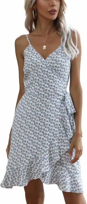 Women's Summer Wrap V Neck Spaghetti Strap Floral Dress Mini Ruffle Dress with Belt Casual Short Dresses