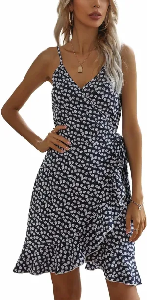 Women's Summer Wrap V Neck Spaghetti Strap Floral Dress Mini Ruffle Dress with Belt Casual Short Dresses