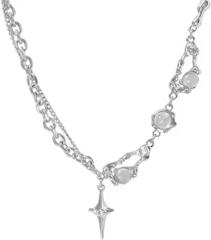 Y2k Star Necklace for Women Chunky Silver Moonstone Safety Pin Pendant Necklace Layered Gemstone Silver Star Choker Neckalce Coquette Aesthetic Healing Crystal Y Necklace Statement Grunge Punk Jewelry