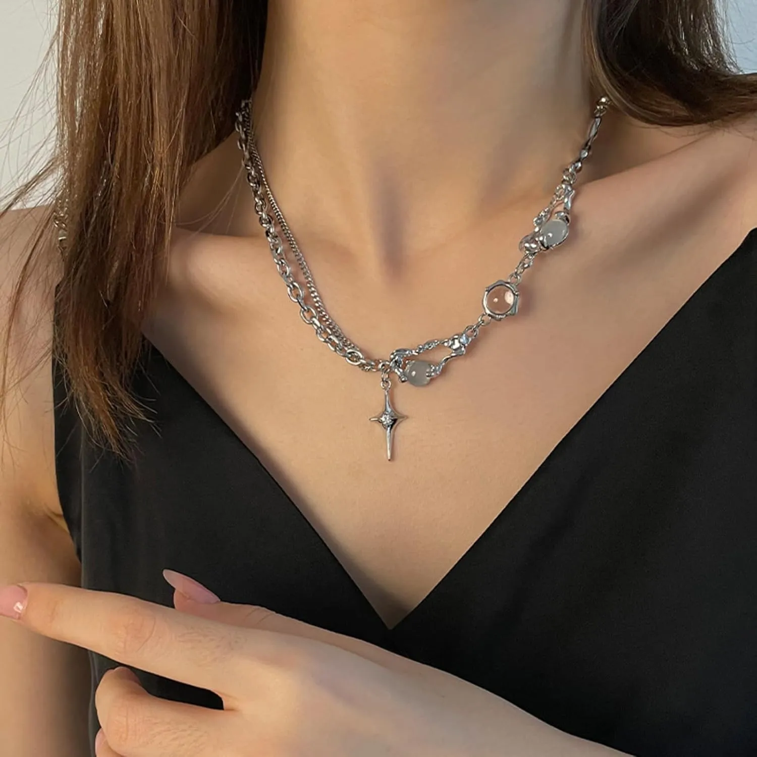 Y2k Star Necklace for Women Chunky Silver Moonstone Safety Pin Pendant Necklace Layered Gemstone Silver Star Choker Neckalce Coquette Aesthetic Healing Crystal Y Necklace Statement Grunge Punk Jewelry