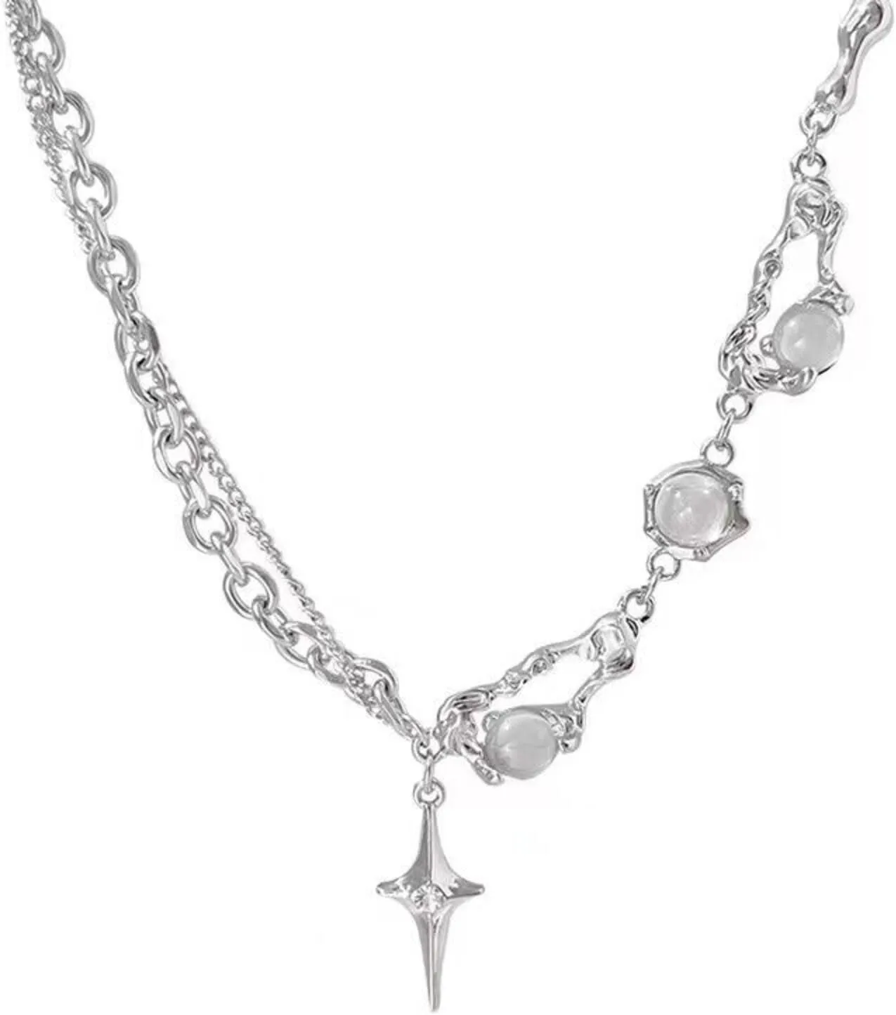 Y2k Star Necklace for Women Chunky Silver Moonstone Safety Pin Pendant Necklace Layered Gemstone Silver Star Choker Neckalce Coquette Aesthetic Healing Crystal Y Necklace Statement Grunge Punk Jewelry
