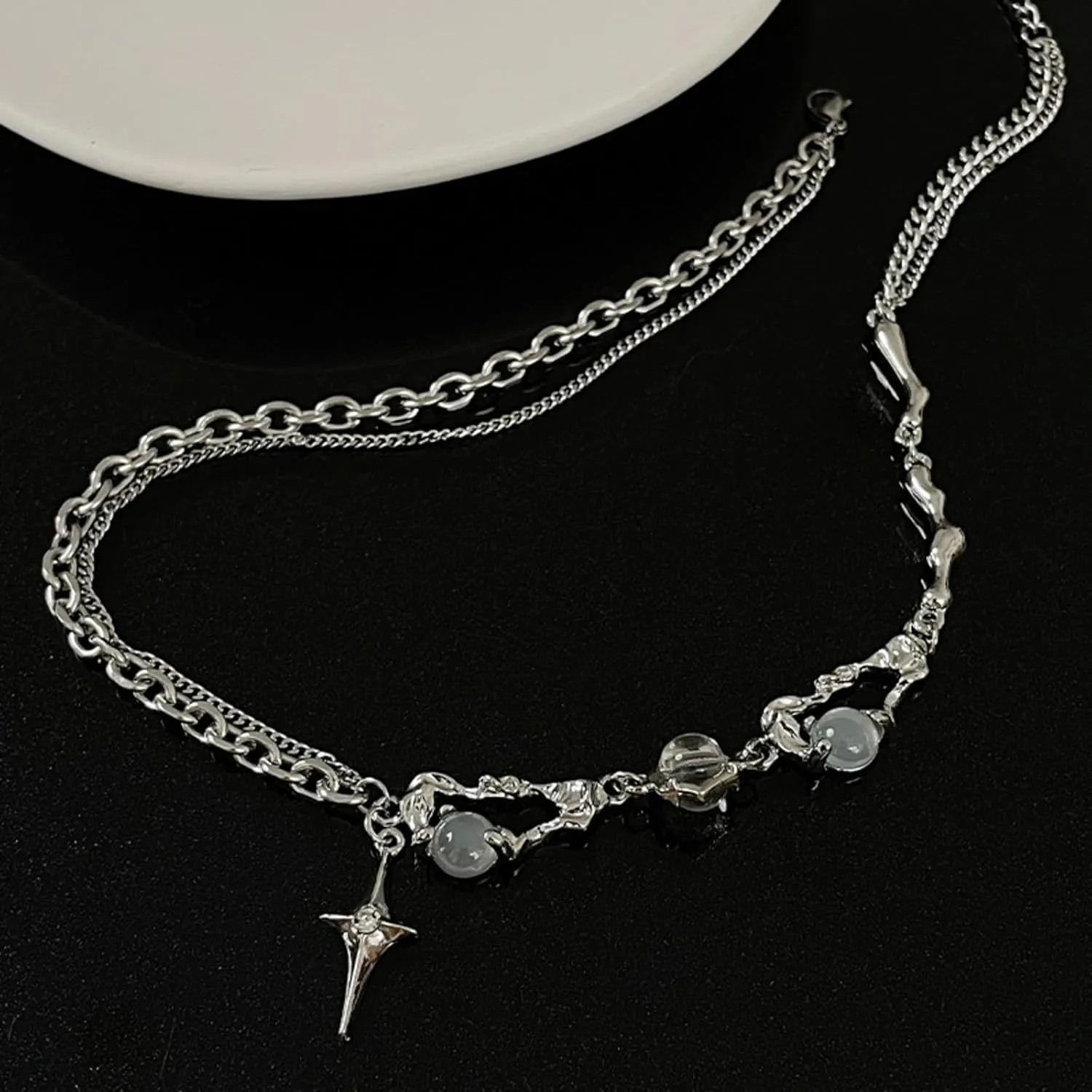 Y2k Star Necklace for Women Chunky Silver Moonstone Safety Pin Pendant Necklace Layered Gemstone Silver Star Choker Neckalce Coquette Aesthetic Healing Crystal Y Necklace Statement Grunge Punk Jewelry