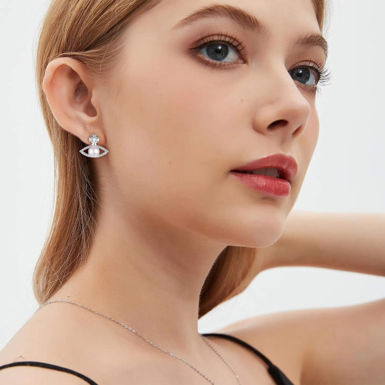 YAMI Women's Silver Saturn Eye Pearl Stud Earrings Black Eye Pearl Stud Earrings 925 Sterling Silver Cubic Zirconia Black Eye Pearl Silver Earrings Unique Saturn Stud Earrings Jewelry Gifts for Women