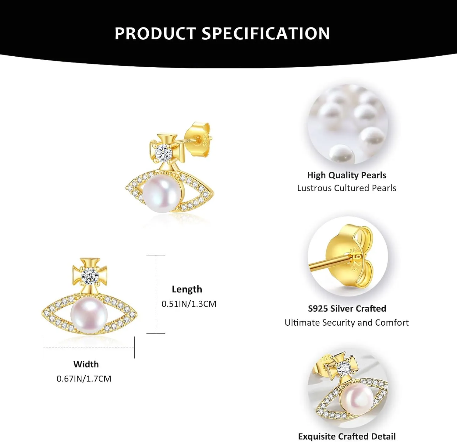 YAMI Women's Silver Saturn Eye Pearl Stud Earrings Black Eye Pearl Stud Earrings 925 Sterling Silver Cubic Zirconia Black Eye Pearl Silver Earrings Unique Saturn Stud Earrings Jewelry Gifts for Women