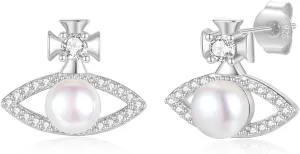 YAMI Women's Silver Saturn Eye Pearl Stud Earrings Black Eye Pearl Stud Earrings 925 Sterling Silver Cubic Zirconia Black Eye Pearl Silver Earrings Unique Saturn Stud Earrings Jewelry Gifts for Women