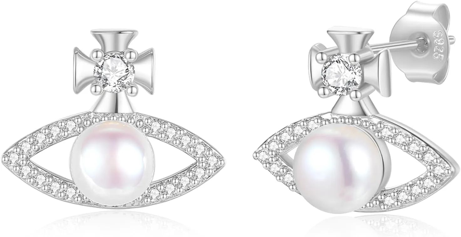 YAMI Women's Silver Saturn Eye Pearl Stud Earrings Black Eye Pearl Stud Earrings 925 Sterling Silver Cubic Zirconia Black Eye Pearl Silver Earrings Unique Saturn Stud Earrings Jewelry Gifts for Women