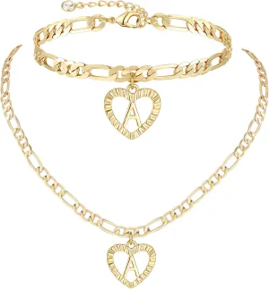 YANODA Gold Initial Pendant Necklace Anklet Bracelet for Women 14K Gold Plated Figaro Chain Letter Initial Heart Necklace Anklets Alphabet Foot Jewelry Personalized Jewelry for Women