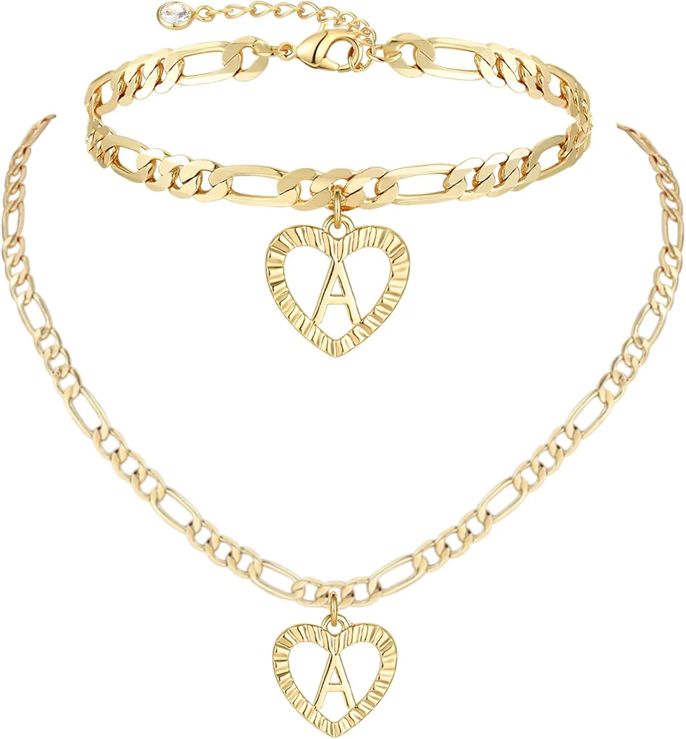 YANODA Gold Initial Pendant Necklace Anklet Bracelet for Women 14K Gold Plated Figaro Chain Letter Initial Heart Necklace Anklets Alphabet Foot Jewelry Personalized Jewelry for Women