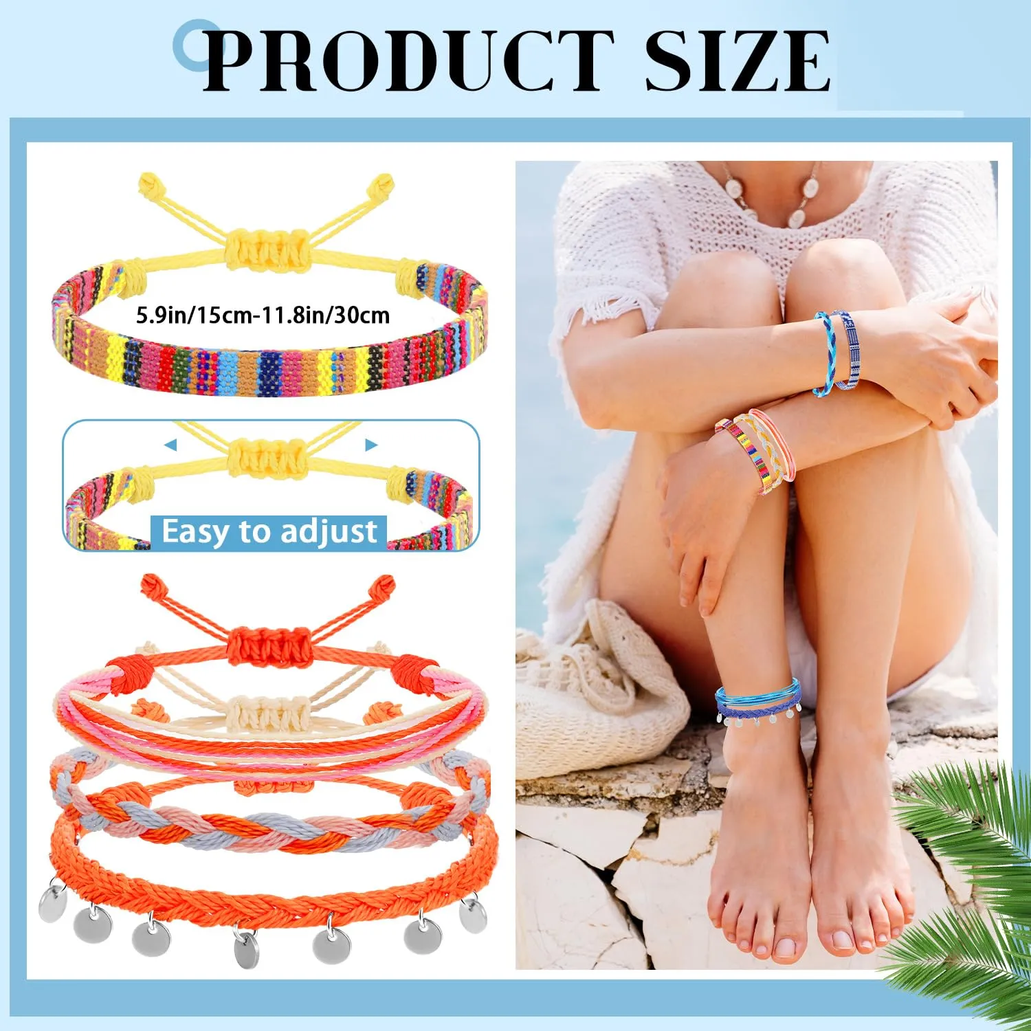 Yinkin 24 Pcs Boho Surfer Bracelet for Women Adjustable Anklets Bracelet Handmade Braided Bracelets for Men Waterproof Surfer Beach Bracelet Mexican Bracelet String Rope Jewelry(Elegant Style)