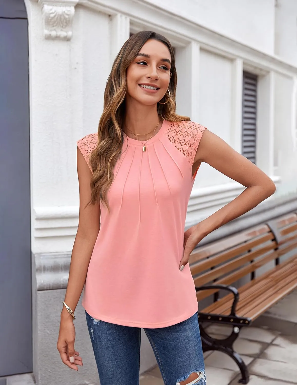 Zeagoo Women's Lace Cap Sleeve Tops Pleated Crewneck Summer Tank Tops 2025 Dressy Casual Sleeveless Shirts Blouse
