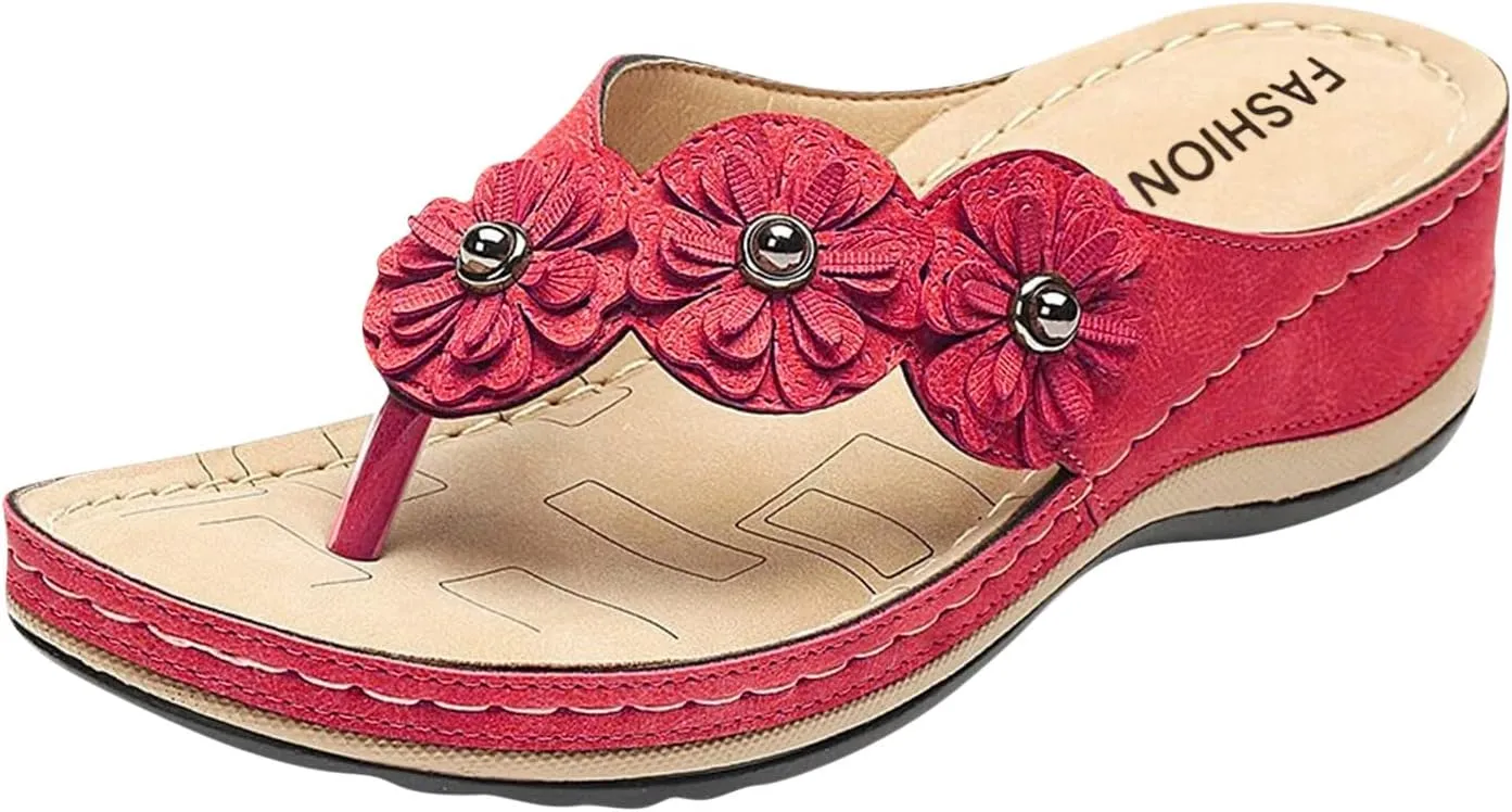 ZSpzx 2025 Women's Slide Sandals Arch Support Summer Dressy T-Strap Flowers Cutout Soft Flip Flops Orthopedic Comfortable Slip On Sandal Ladies Beach Comfortable Shoes for Outdoor Walking Plantar