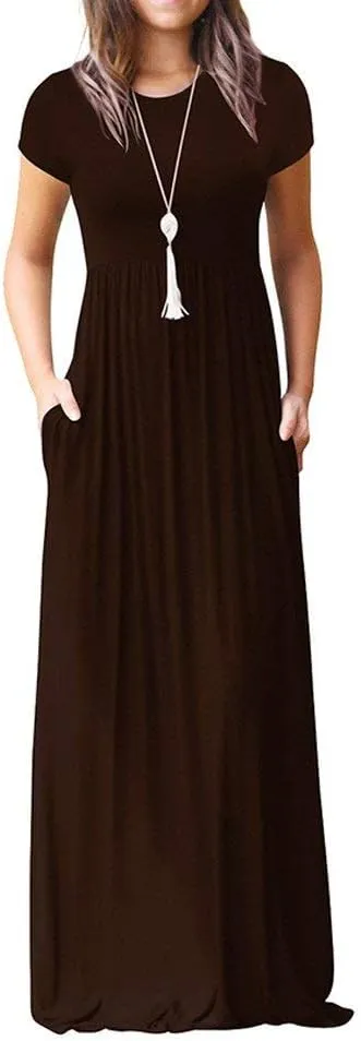 ZWRXW Women's Short Sleeve Dresses Loose Plain Maxi Dresses Summer Long Beach Dress Plus Size Comfy Curvy Dress with Pockets